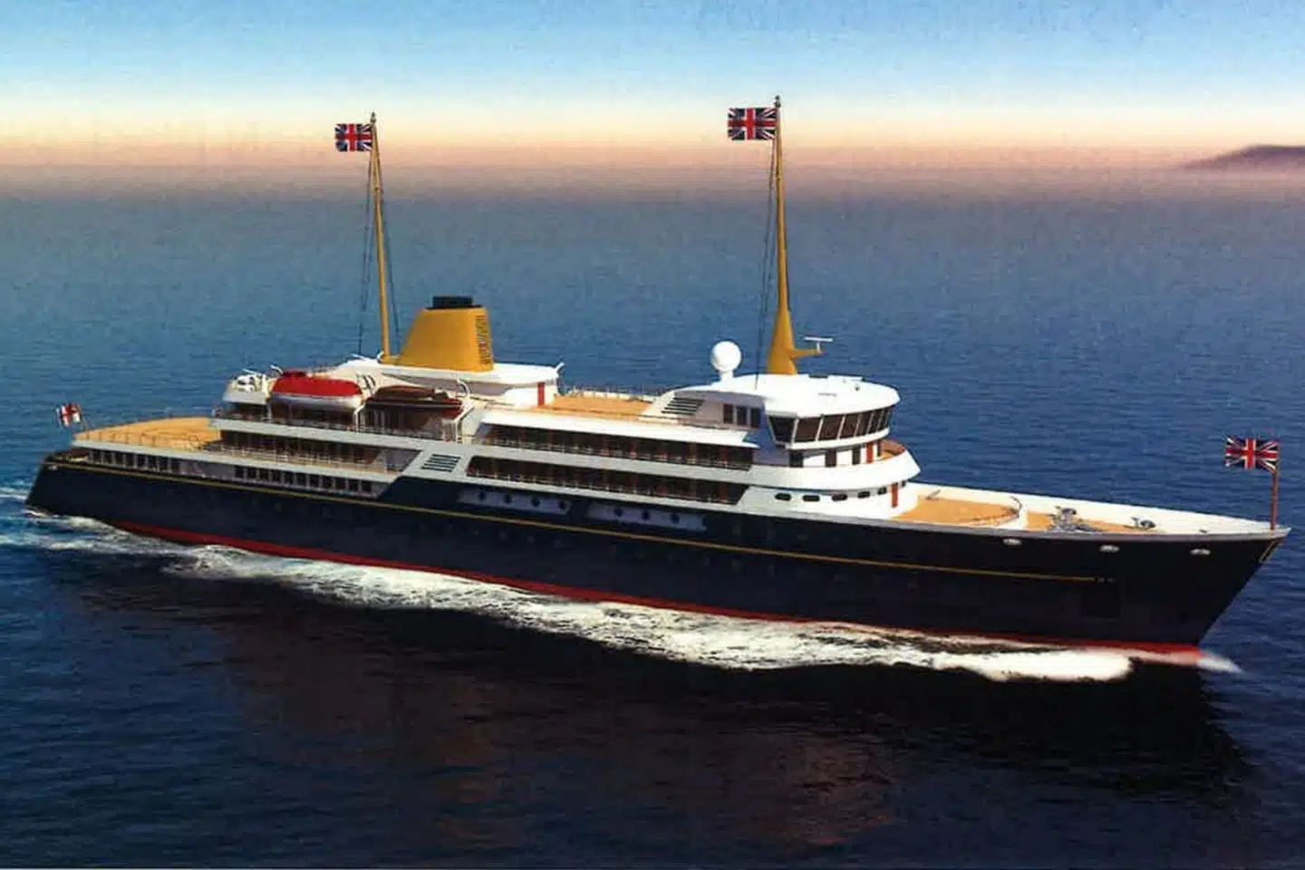 Denne modeltegning af skibet blev udsendt af Downing Street i forbindelse med annonceringen af det nu skrottede projekt.