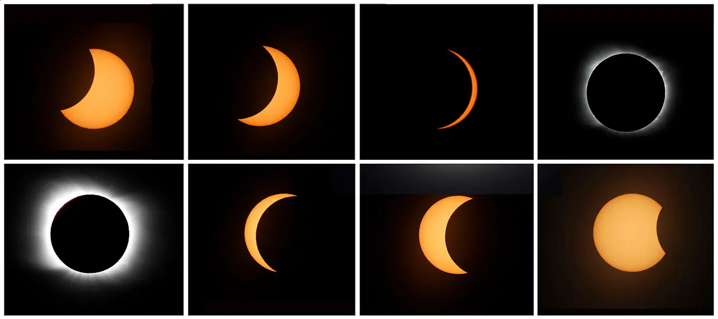 Her ses de forskellige stadier af den yderst sjældne totale solformørkelse, som kunne ses fra Argentina i 2020. Den totale solformørkelse, hvor Månen dækker helt for Solen, er yderst sjælden. Sidste gang, en sådan kunne ses fra Danmark, var i 1851.