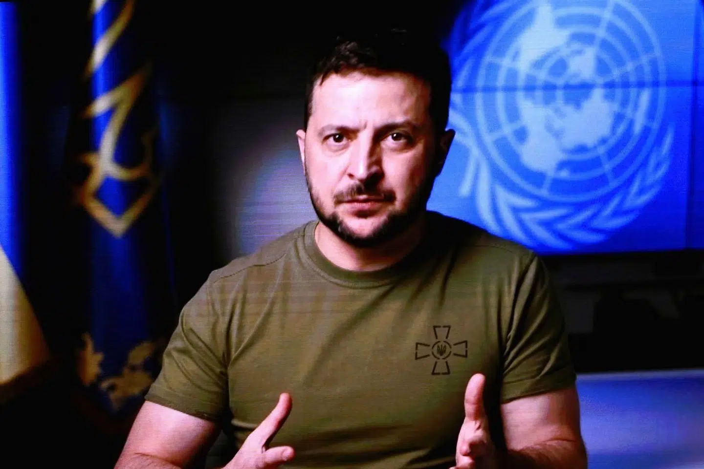 Den ukrainske præsident, Volodymyr Zelenskyj, under sin tale til FNs generalforsamling 21. september i år.