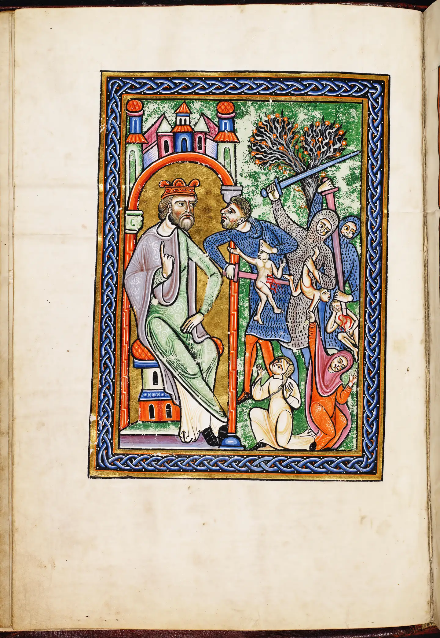 Det middealderlige Københavner-psalter gengiver bibelske scener, men kan ses som et billede af middelalderens brutale tilstande. På dette billede ses kong Herodes lade uskyldige børn dræbe for at sikre sin trone. Myrdede Valdemar sin tidligere forbundsfælle prins Buris og lod ham kastrere og blinde? Lars Kjær ser kritisk på kilderne til historien. Illustration fra bogen.