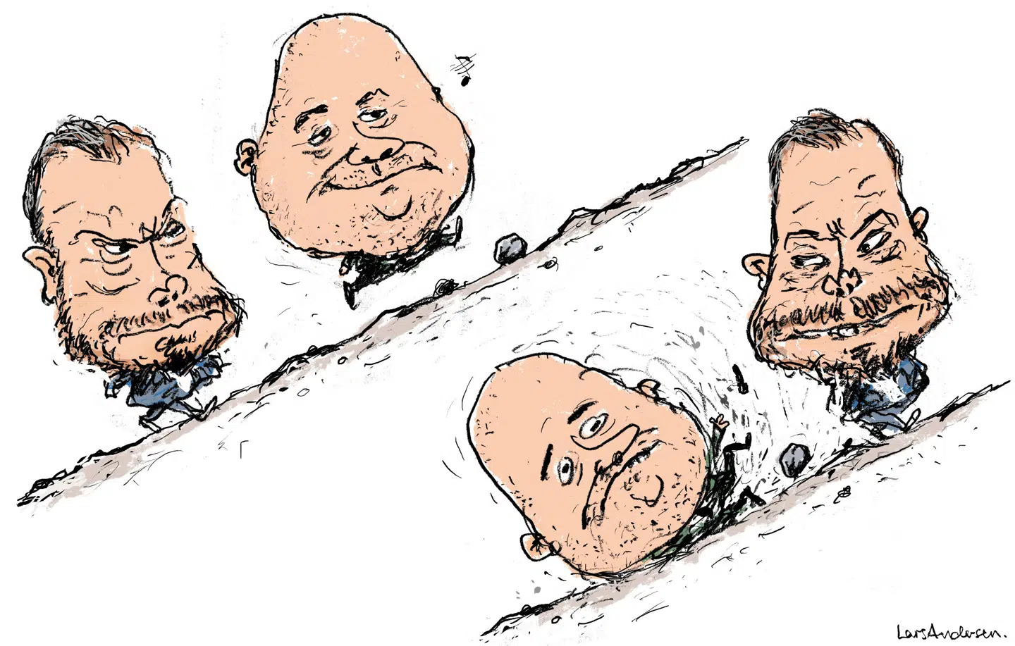 Takket være Søren Papes uheldige sager er Jakob Ellemann igen det store dyr på den blå savanne. Tegning: Lars Andersen