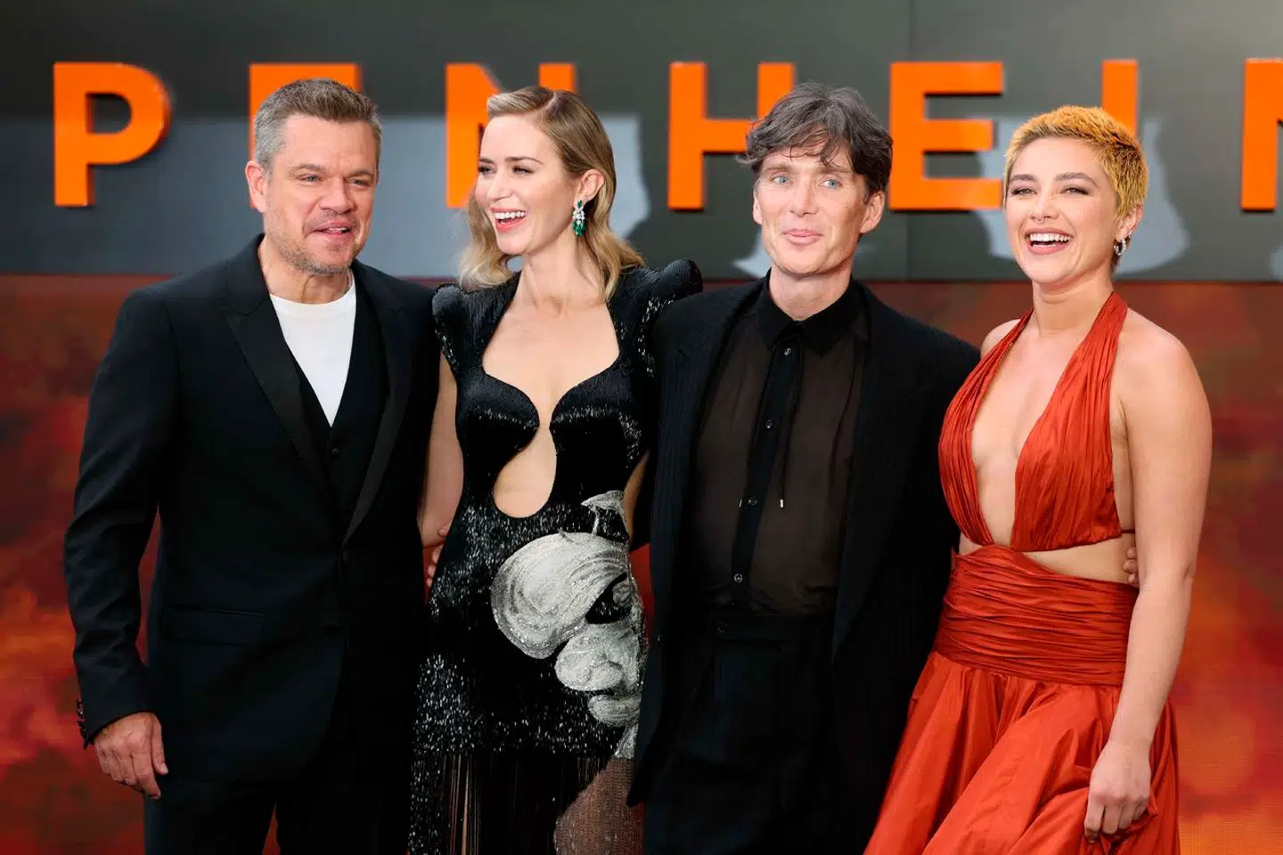»Oppenheimers« hovedrolleindehavere til filmens præmiere fra venstre: Matt Damon, Emily Blunt, Cillian Murphy og Florence Pugh. (Arkivfoto).