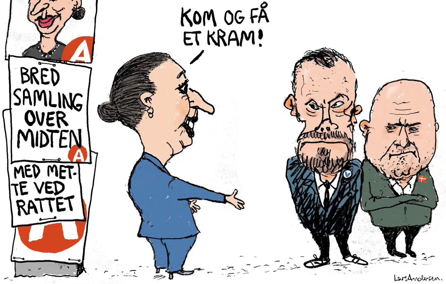 Med sin nye venlige fremtoning gør Mette Frederiksen det svært for blå blok. Tegning: Lars Andersen