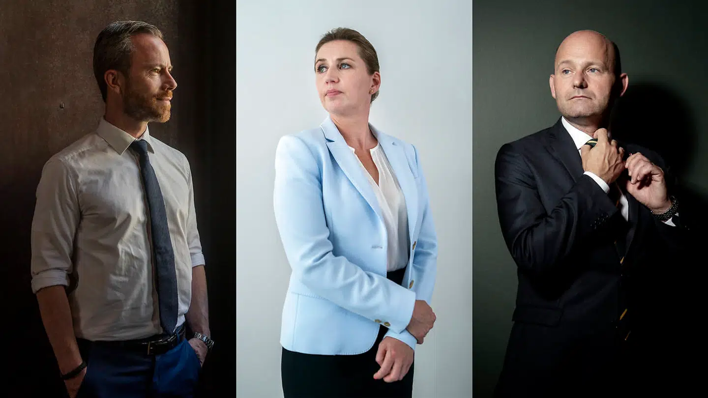 Jakob Ellemann-Jensen (V), Mette Frederiksen (S) og Søren Pape Poulsen (K).