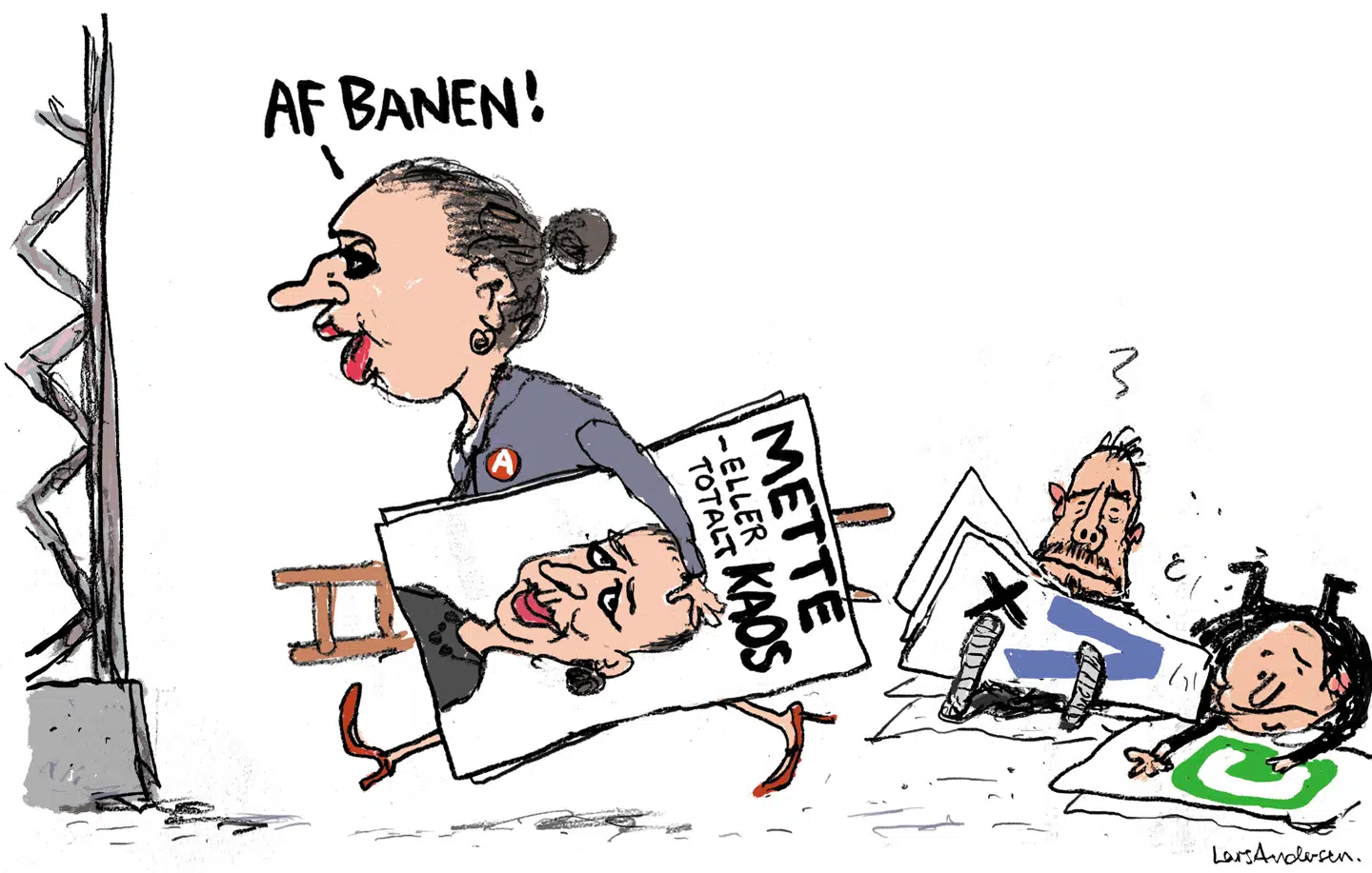 Statsminister Mette Frederiksen drog i sin åbningstale paralleller til Stauning og 30ernes krise, som kaldte på sammenhold. Tegning: Lars Andersen