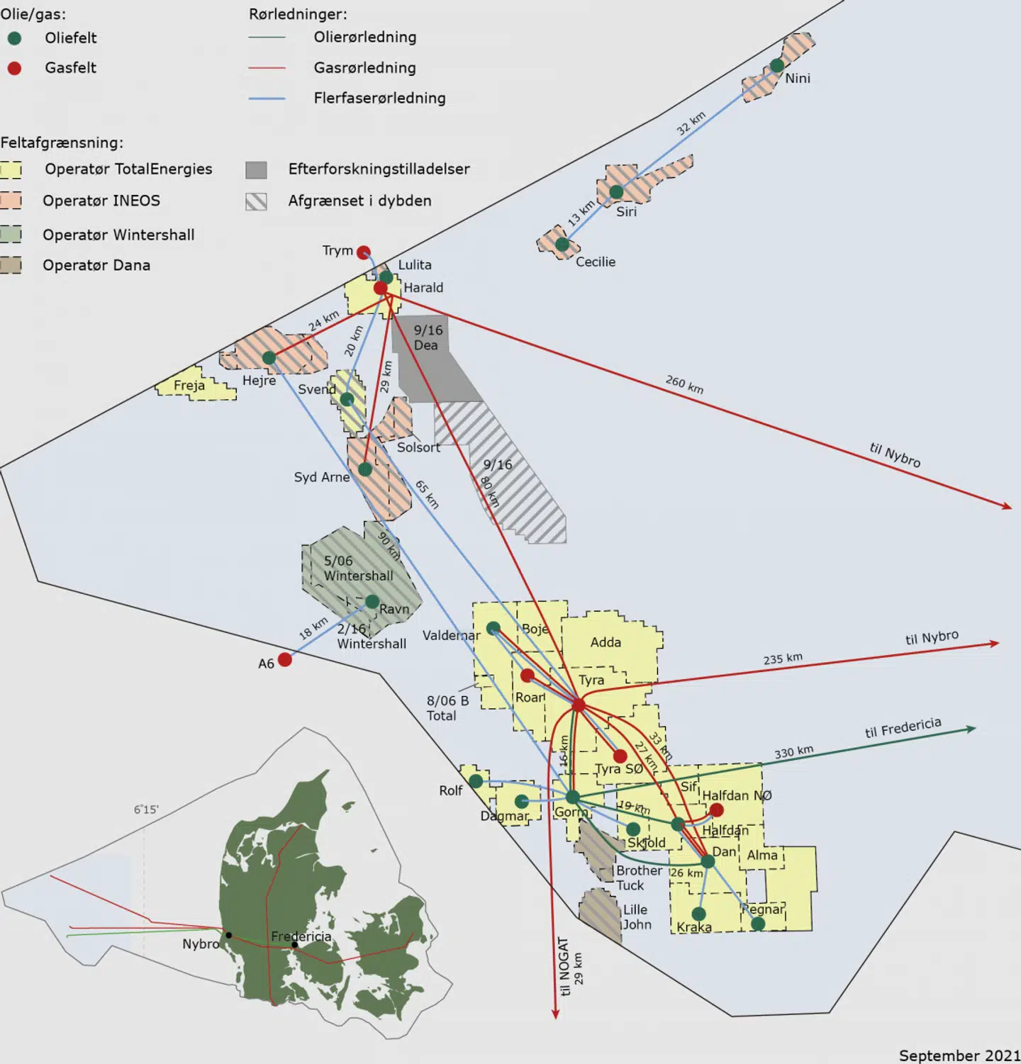 Her ses et kort over den danske operation i Nordsøen. Halfdan-feltet er placeret sydøst for knudepunktet Tyra i den sydlige, gule klump. Illustration: Energistyrelsen