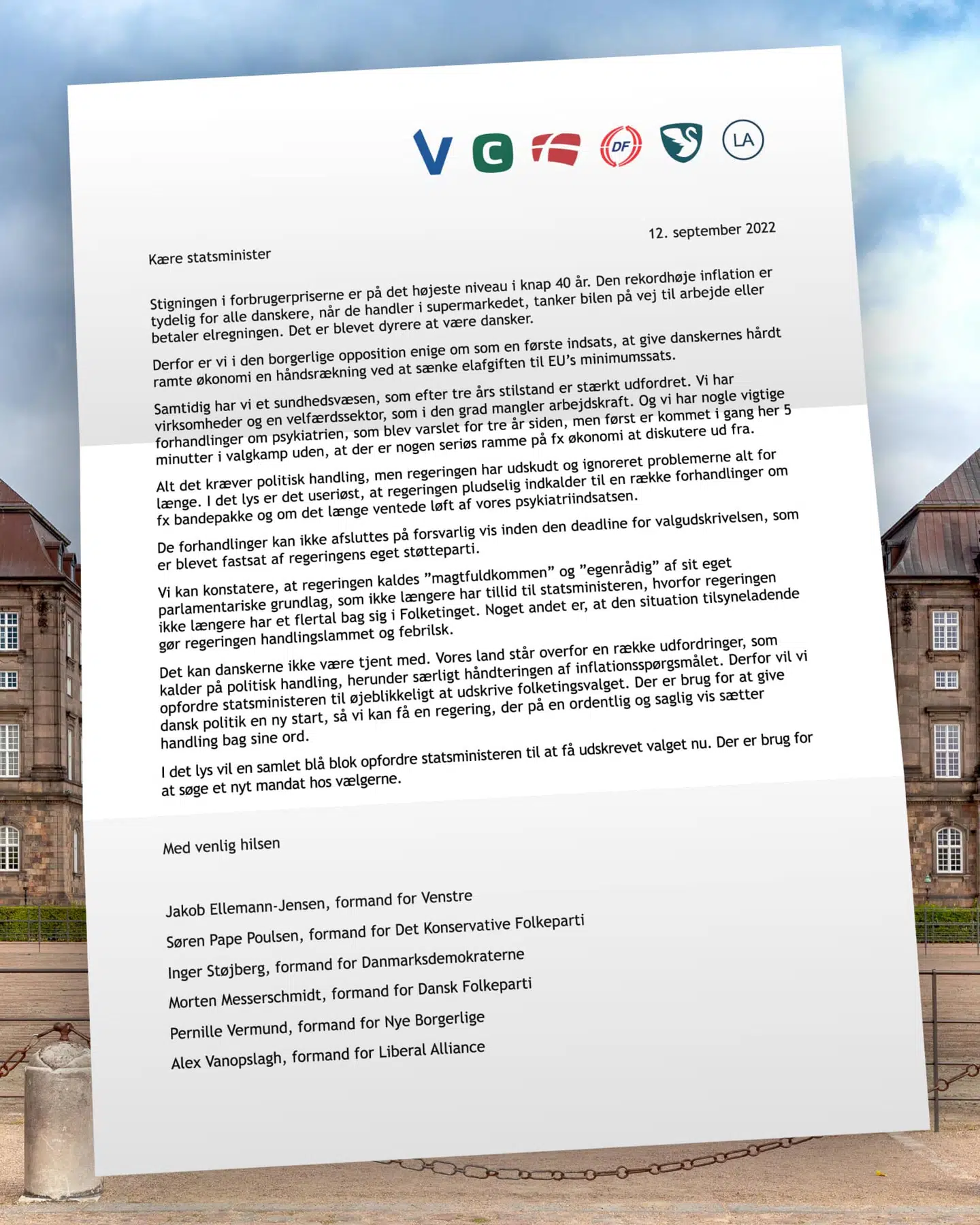 Brevet, der er underskrevet af alle de blå partiledere.