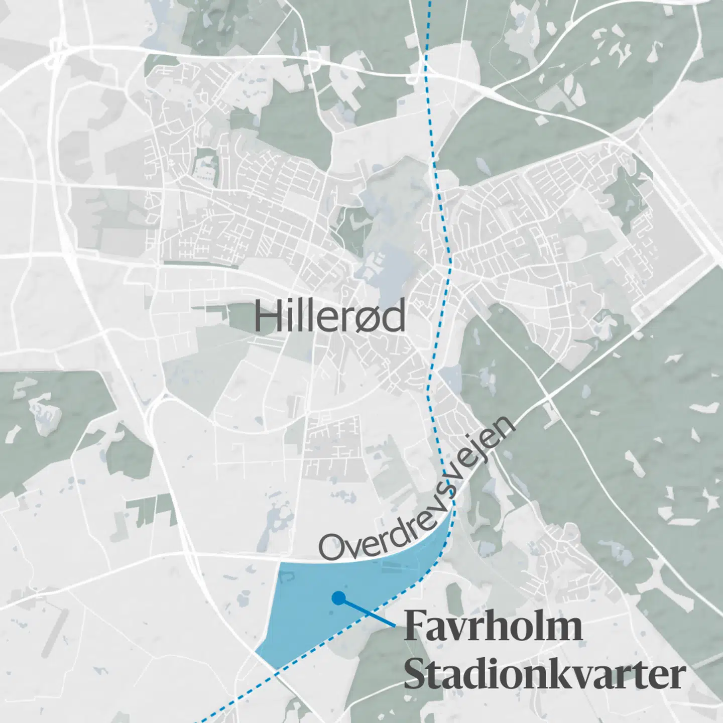 Favrholm Stadionkvarters placering syd for Hillerød.
