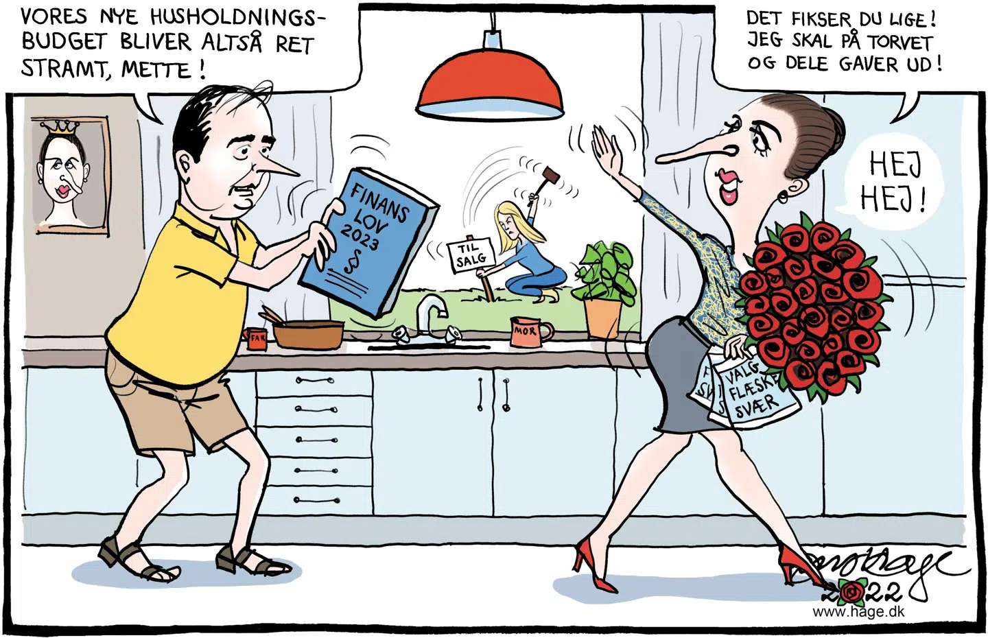 Den nye finanslov lander midt i en uerklæret valgkamp. Tegning: Jens Hage