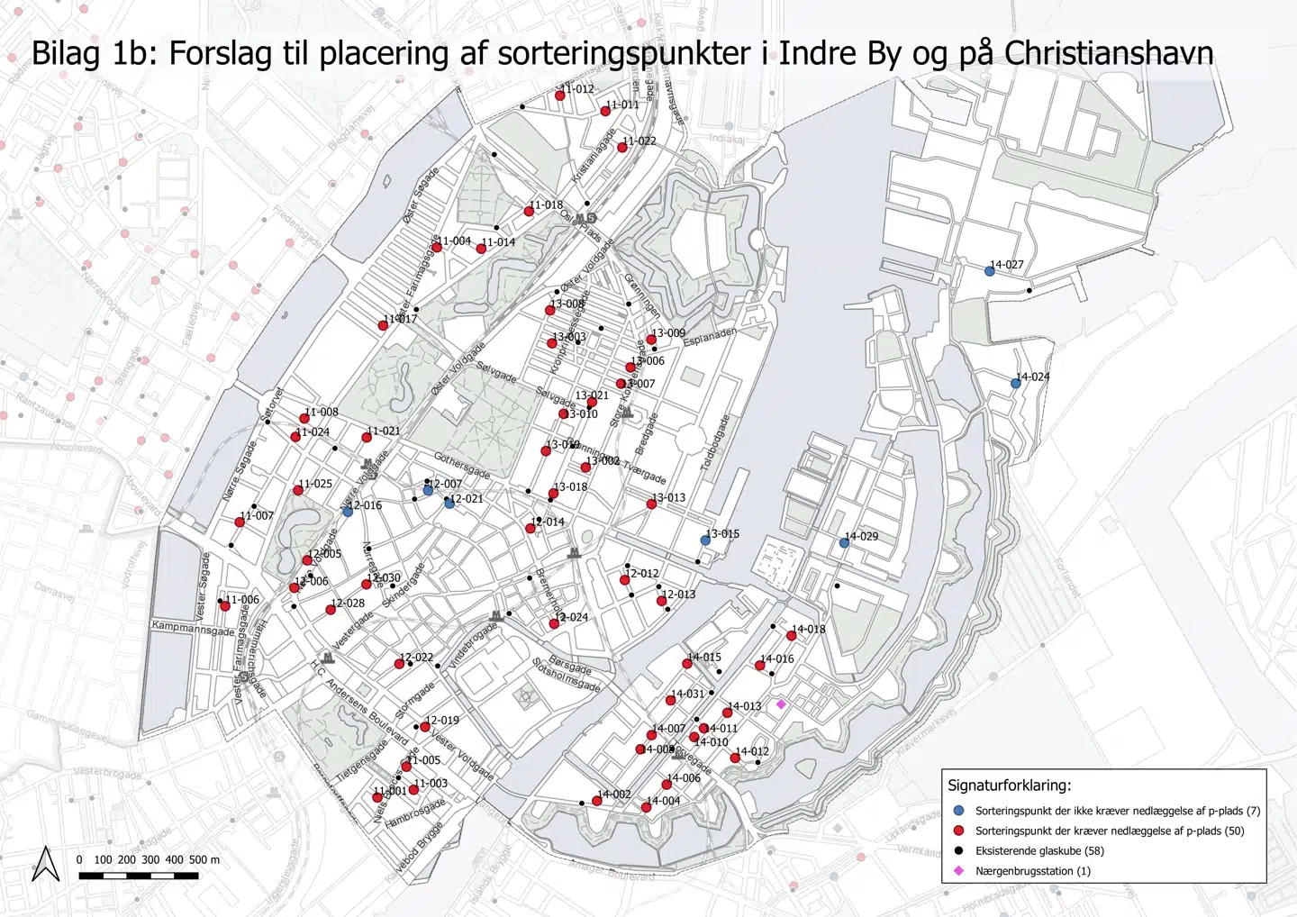 De røde punkter er der, hvor det er nødvendigt at nedlægge en eller flere p-pladser.