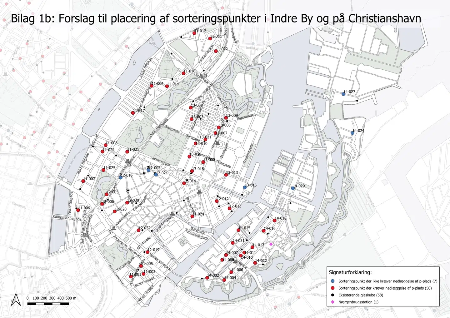 De røde punkter er der, hvor det er nødvendigt at nedlægge en eller flere p-pladser.