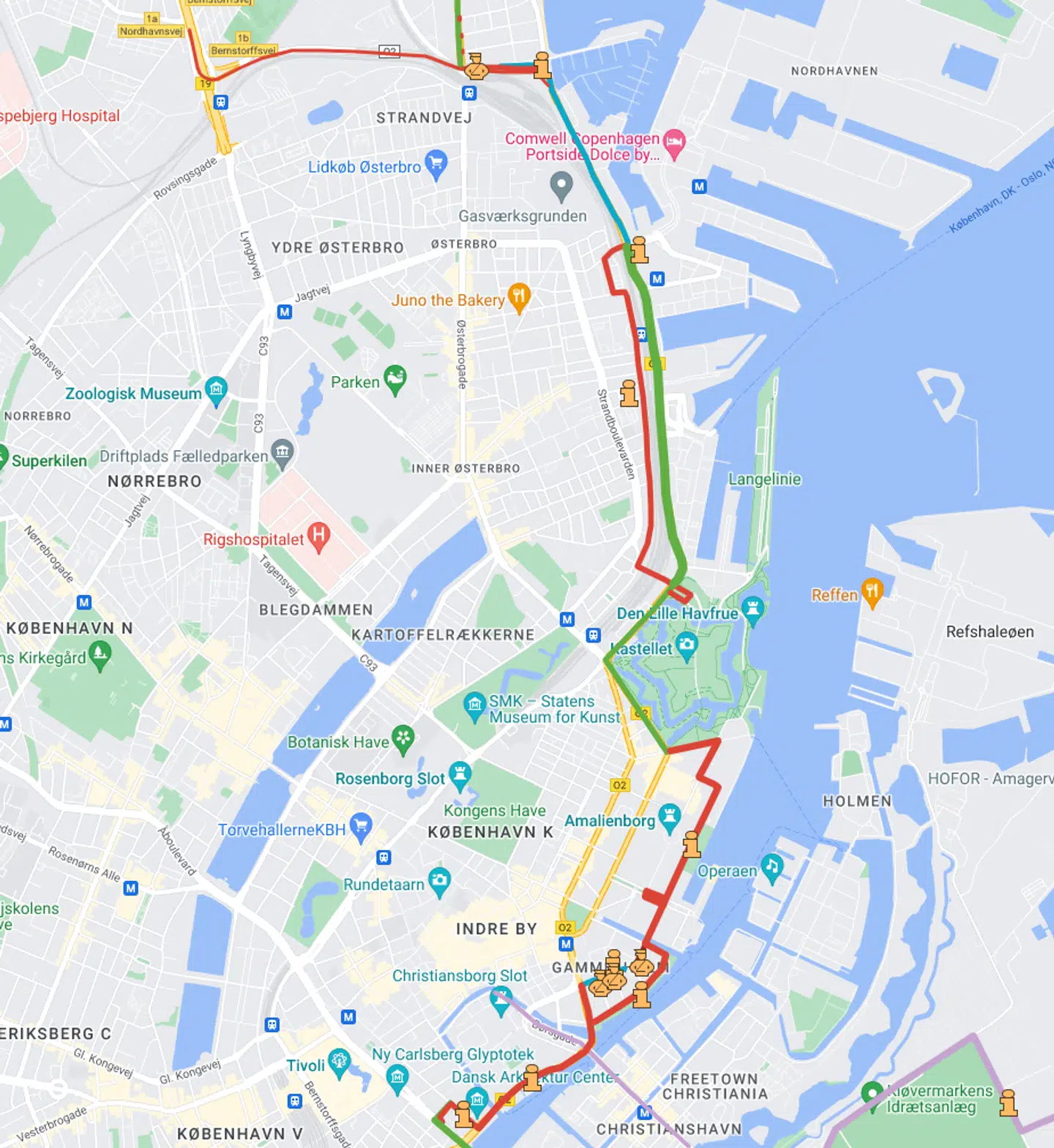 De røder streger markerer, hvilke gader der er afspærret i løbet af søndagen.