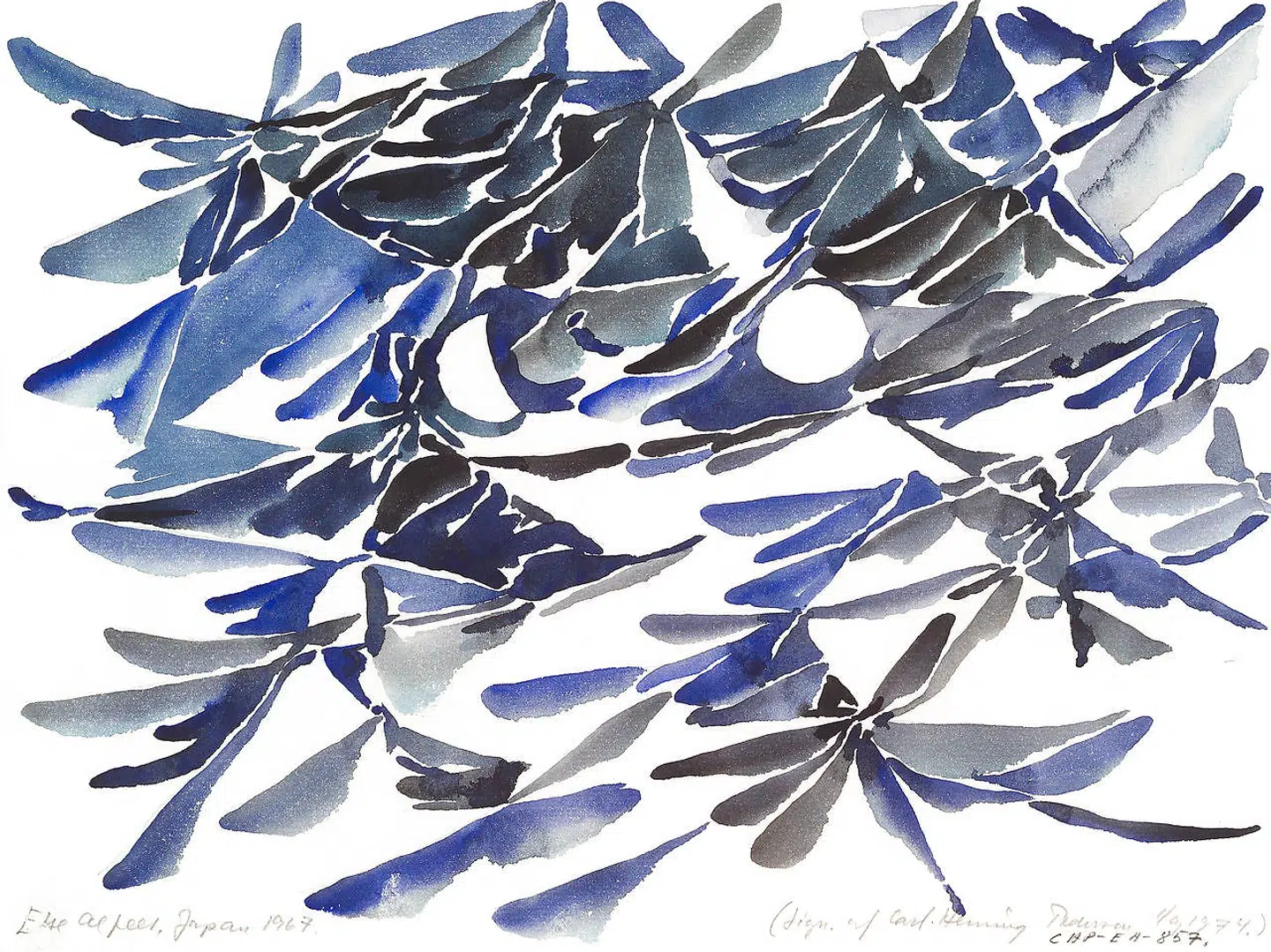 Else Alfelt var optaget af kinesisk taoisme og den buddhistiske filosofi og havde et brændende ønske om at komme til Kina, men måtte nøjes med Japan, hvor hun lod sig inspirere af kalligrafien, som hun omformede til i sine egne strøg, dansende og dirrende – og naturligvis med en inkorporeret måne.