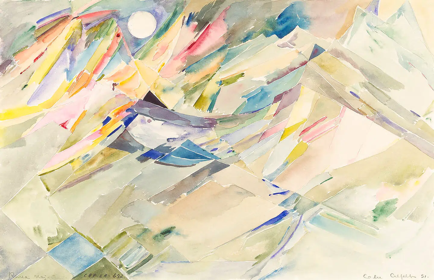 Else Alfelts akvareller fra hendes rejser til blandt andet Italien understreger oplevelser af landskabet frem for det sete landskab. Det gælder også akvarellen »Roma – maj«, der formentlig bygger på genkaldelsen af en oplevelse af et landskab med bjerge, måne og regnbuer nedfældet en majdag i Rom.