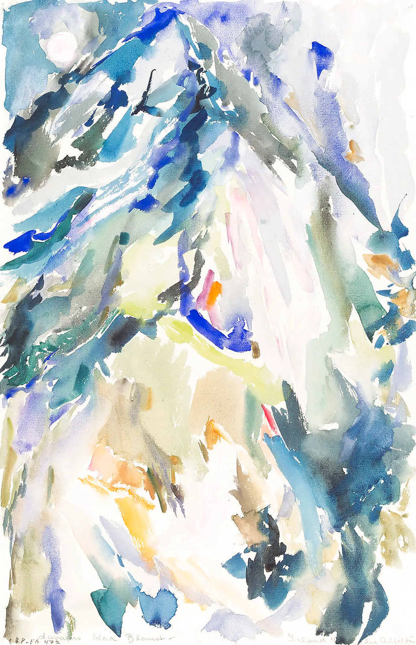 Den er der gerne, Månen, her med et slør hen over sig i et af Else Alfelt mere løse akvareller, hvor hun er gået væk fra automattegningen, men stadig opbygger sit værk i felter med samme struktur.