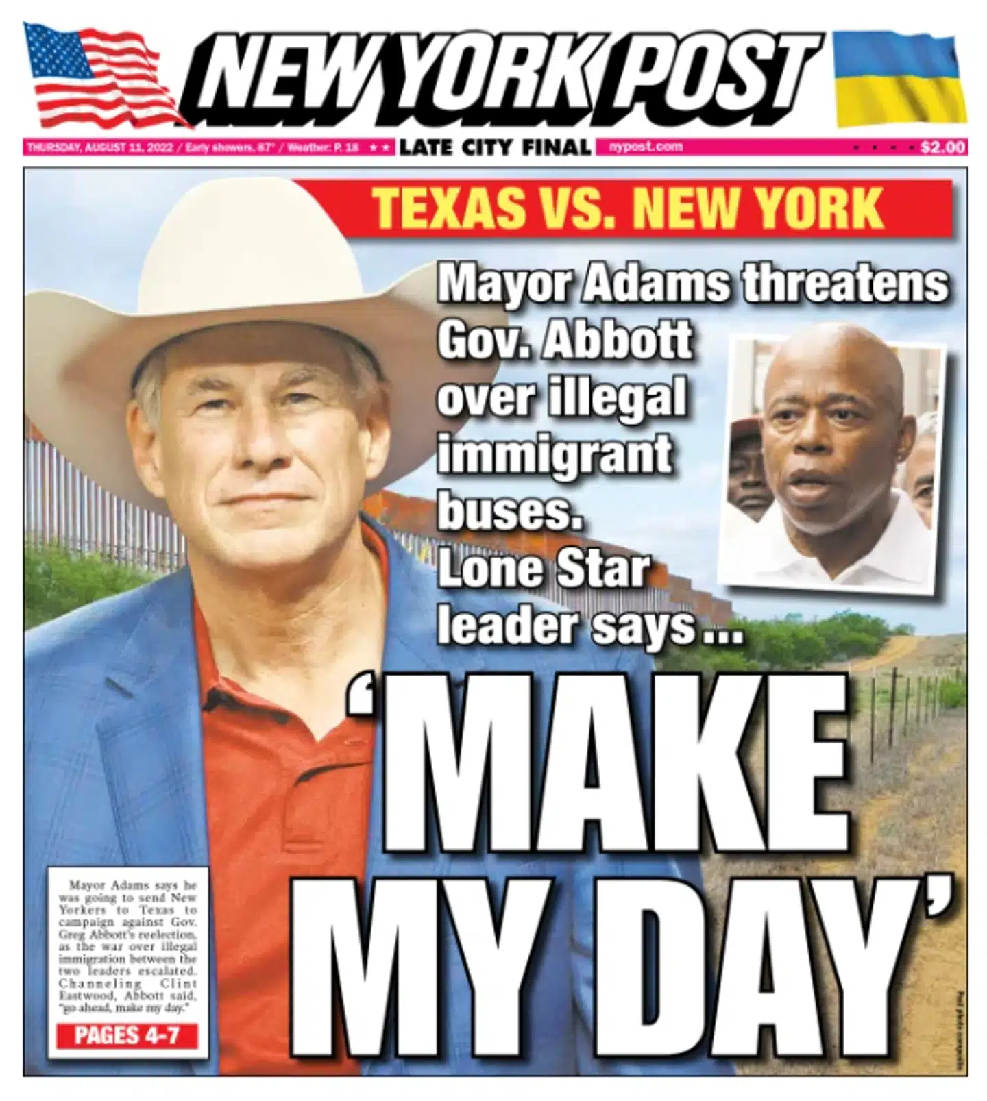 Tabloidavisen New York Post har dækket busskænderiet tæt, for det er en sprængfarlig amerikansk debat: Udkantsamerika mod New York. Republikaner mod demokrat.