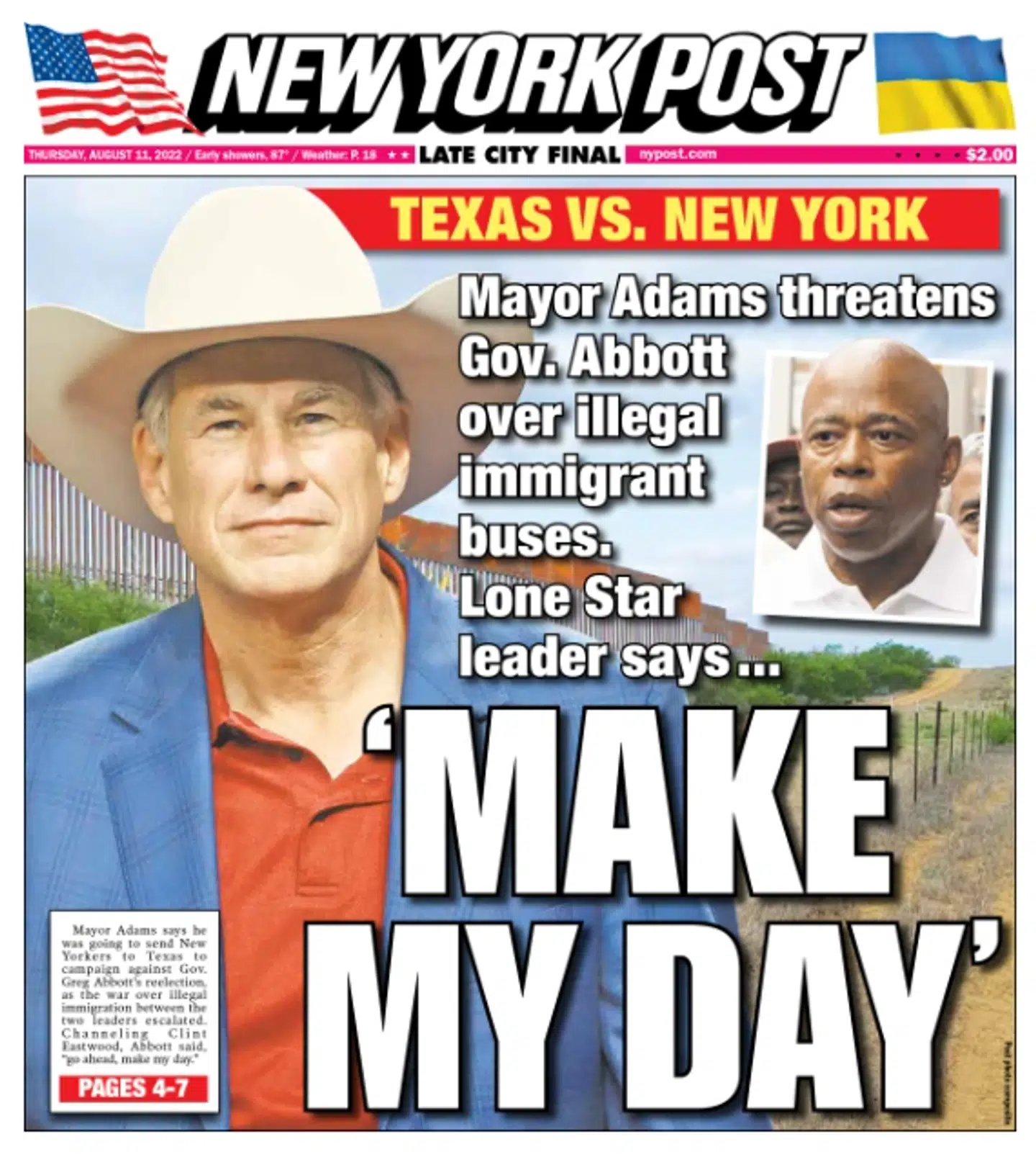 Tabloidavisen New York Post har dækket busskænderiet tæt, for det er en sprængfarlig amerikansk debat: Udkantsamerika mod New York. Republikaner mod demokrat.