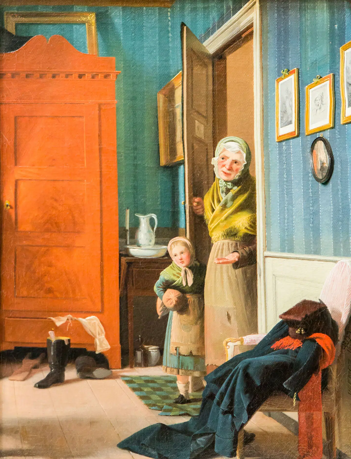 Mange tiggere gik fra dør til dør på jagt efter almisse. Her har maleren Wilhelm Bendz skildret en tiggerkone med sit barn, der har opsøgt den unge malers hjem. Maleri fra 1829.