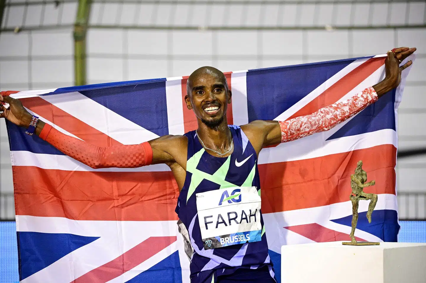 Den 39-årige Farah hentede guld på 10.000-meterløb ved OL i London i 2012 og ved OL i Rio de Janeiro i 2016. Begge gange vandt han også guld i 5000-meterløb. Han er desuden slået til ridder af dronning Elizabeth. (Arkivfoto). Martin Bureau/Ritzau Scanpix