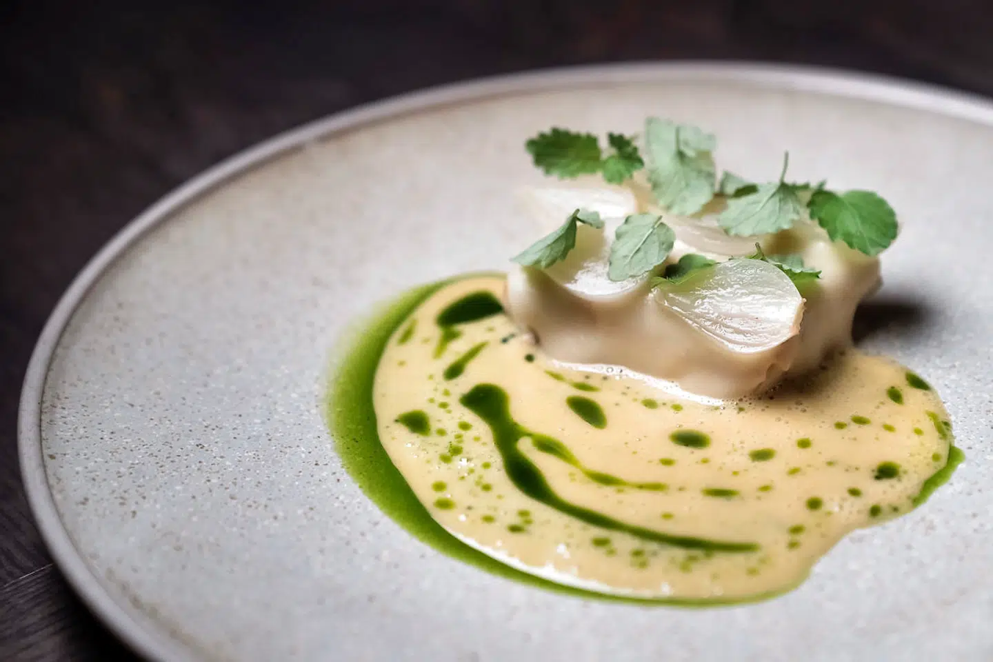 Bjørnekælderen satser på det franske køkken med en smule inspiration fra det orientalske. Her en ret med helleflynder – taget i forbindelse med en madanmeldelse i december 2021.