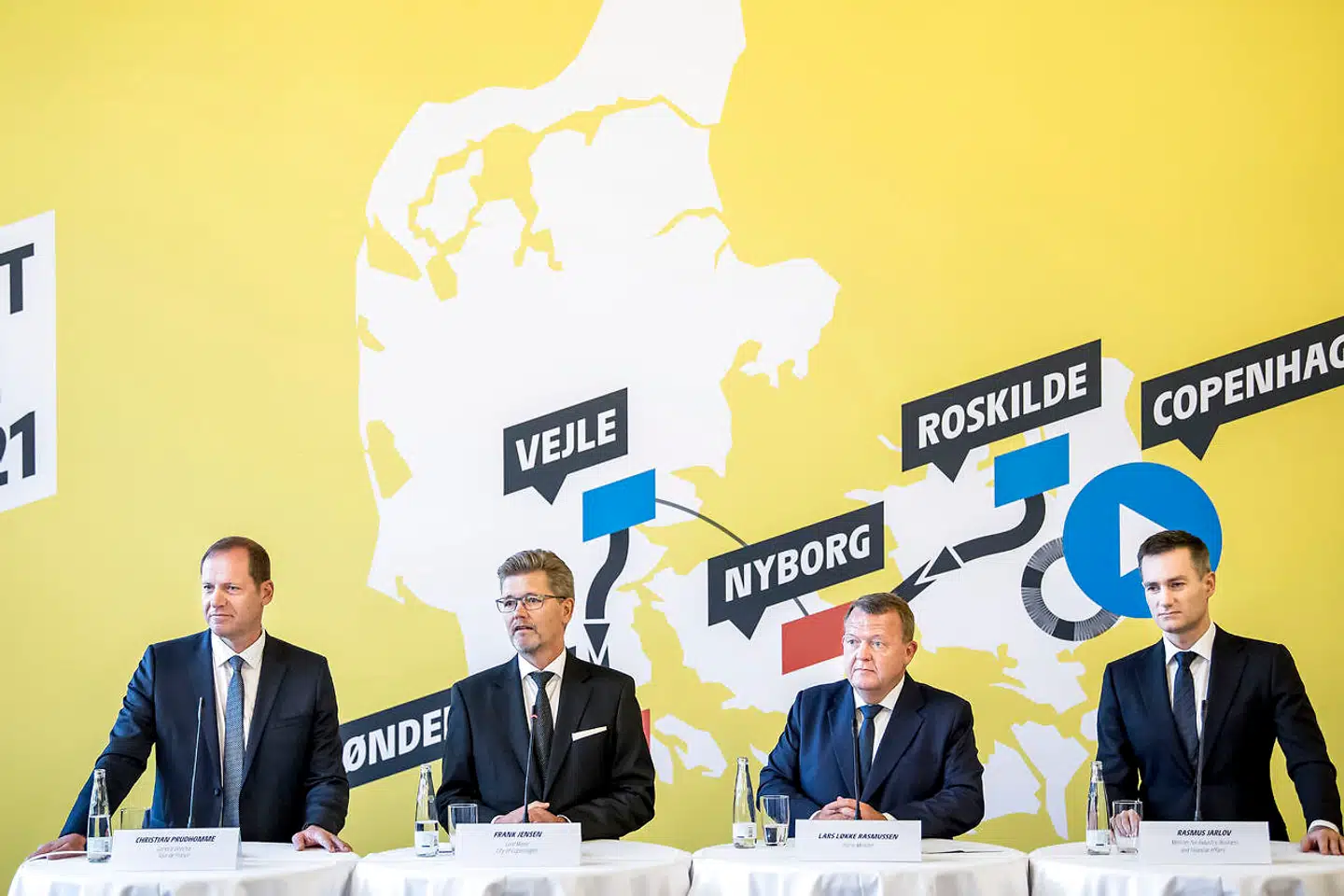 Tour de France-direktør Christian Prudhomme, Københavns daværende overborgmester Frank Jensen, tidligere statsminister Lars Løkke Rasmussen og forhenværende erhvervsminister Rasmus Jarlov holdt pressemøde om Tour de France på Københavns Rådhus, efter at det stod klart, at løbet til sommer vil starte i København. Arkivfoto: Mads Claus Rasmussen/Ritzau Scanpix