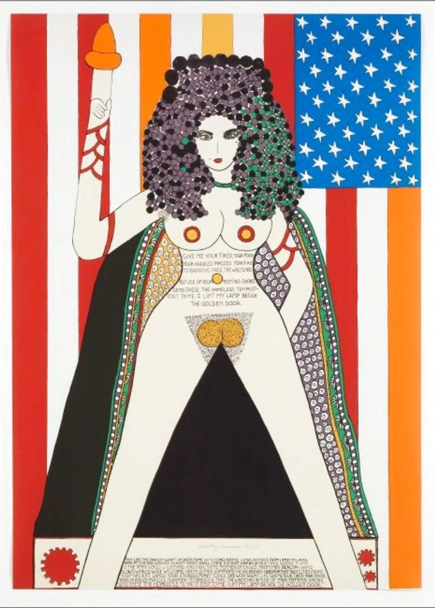 »Give me your tired«, 1977: På maven af Dorothy Iannones Frihedsgudinde er et digt fra 1833 af den amerikanske forfatter og aktivist Emma Lazarus med titlen »The New Colossus« med en henvisning til den sagnomspundne kæmpestatue »Kolossen på Rhodos«, som var en af inspirationerne til Frihedsgudinden i New York. Digtet skrev hun i forbindelse med indsamlingen af midler til at bygge Frihedsgudindens fundament, hvor det er indsat som plakette. Det handler om USA og New York som et sted, hvor enhver kan søge tilflugt og Frihedsgudinden løfter sit lys for de trætte, fattige og hjemløse.