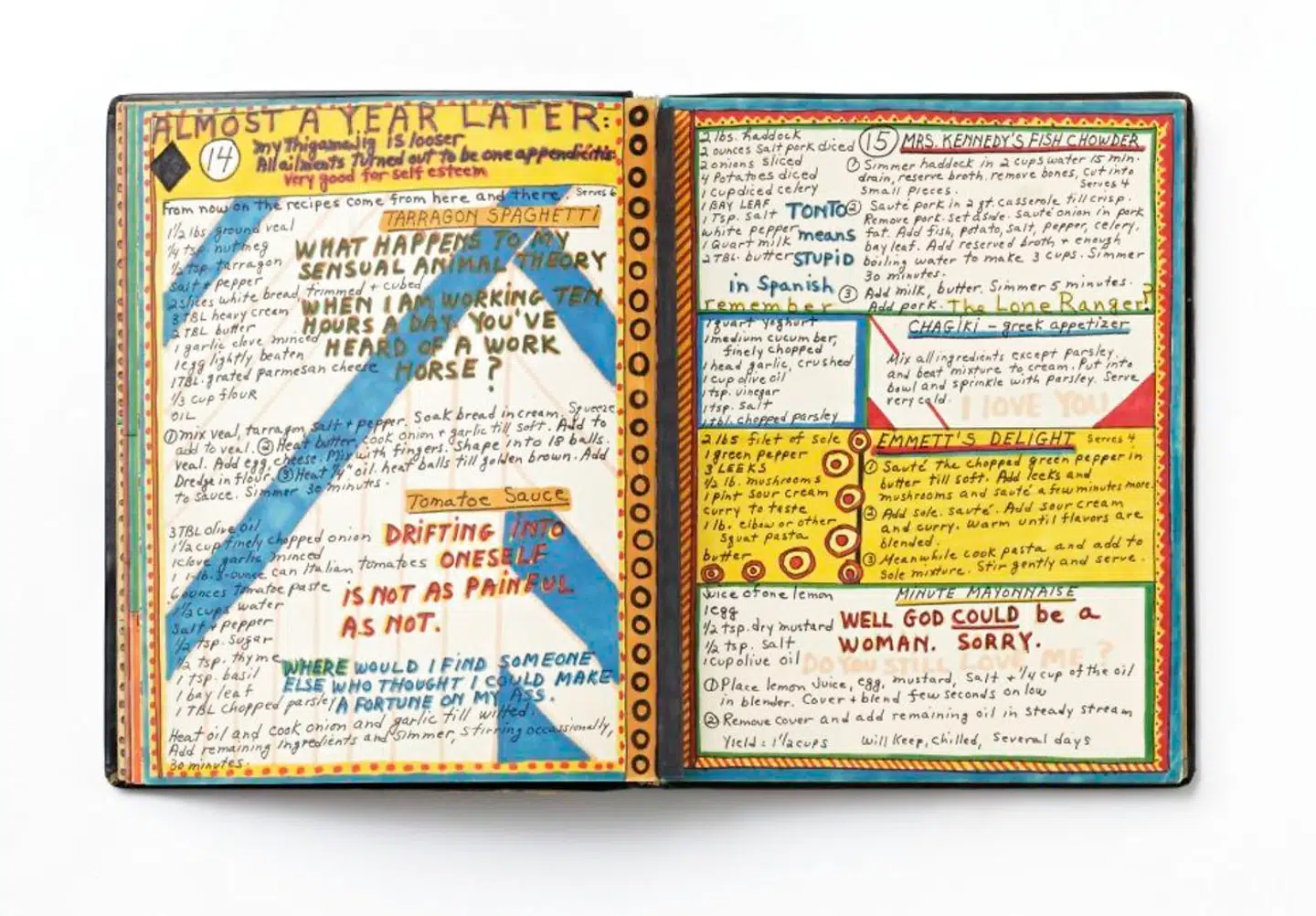 "A Cookbook", 1969: Dorothy Iannones ultrapersonlige kogebog med opskrifter til sin elskede, strøtanker og eksistentielle overvejelser er lige nu udsolgt fra forlaget, så du må sætte dig godt til rette i udstillingen, bladre og få hendes lidenskabelige detaljer op under neglene.