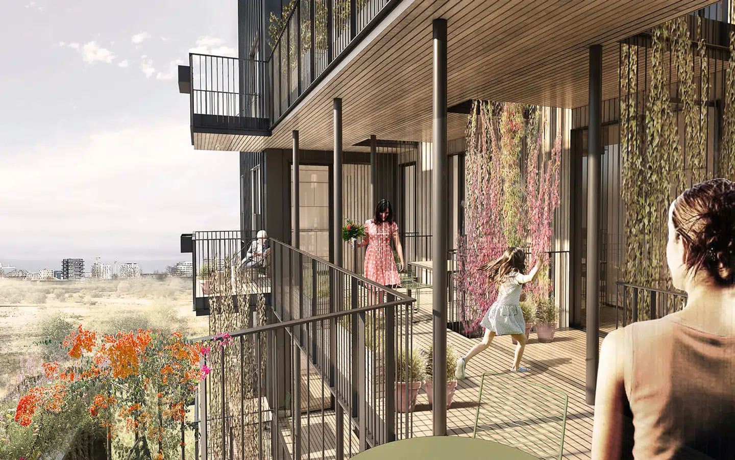 Det kommende byggeri på Amager Fælled forventes at stå klar fra om cirka to år. I flere af boligerne har man fællesarealer med naboerne. Illustration: ONV Arkitekter