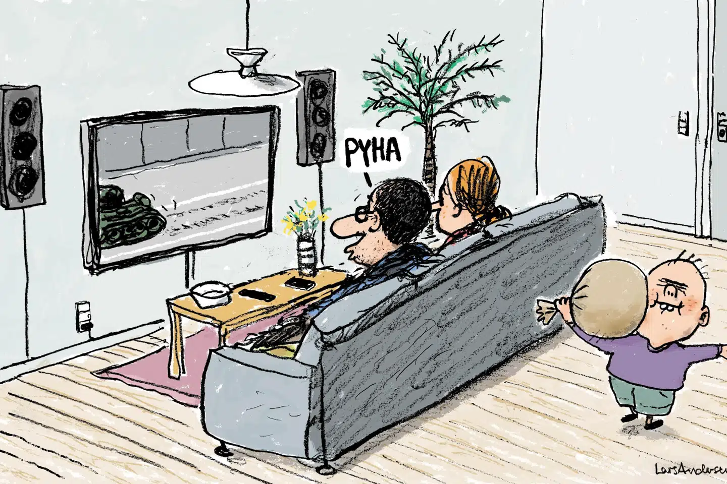 Den forventede optrapning af krigen mod Ukraine og konflikten med Vesten udeblev, da præsident Putin talte ved sejrsparaden i Moskva. Tegning: Lars Andersen