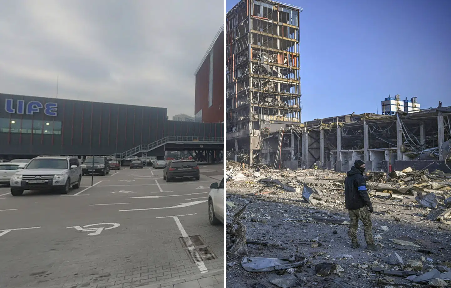 Ødelæggelserne i Ukraine er omfattende. På billedet ses et komplet ødelagt storcenter i Kyiv. Rul ned og se flere før- og efter-billeder.