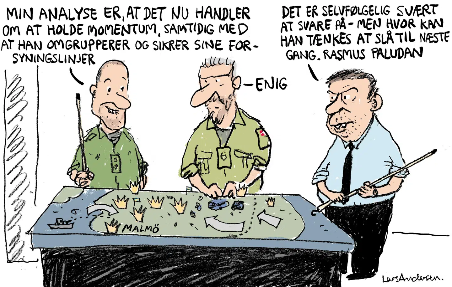 Lige nu må man bare bede til, at den lille urostifter løber tør for tændvæske. Tegning: Lars Andersen