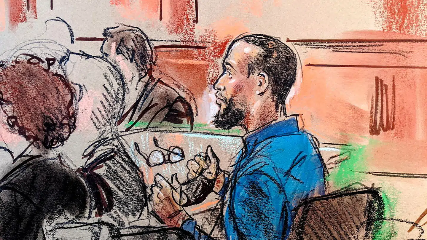 El Shafee Elsheikh, a former British national accused of engaging in lethal hostage-taking and conspiracy to commit murder as an alleged member of an Islamic State cell nicknamed "the Beatles" that operated in Syria and Iraq, takes off his face mask and glasses for identification purposes as he attends testimony in his trial in U.S. federal court in Alexandria, Virginia, U.S. April 1, 2022. REUTERS/Bill Hennessy NO RESALES.NO ARCHIVES. WASHINGTON POST OUT. WASHINGTON, D.C. OUT.