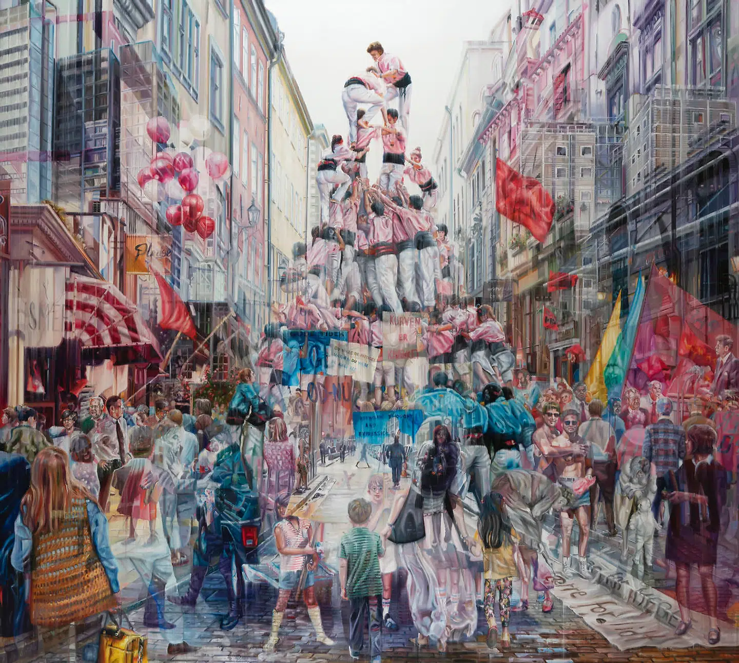 Jacob Brostrups maleri af 1990erne. På talerstolen yderst til højre ses John F. Kennedy. Ved hans side Tysklands kansler Willy Brandt. Og til venstre i maleriet skimtes Poul Nyrup Rasmussen, Svend Auken og blandt andet Mogens Lykketoft.