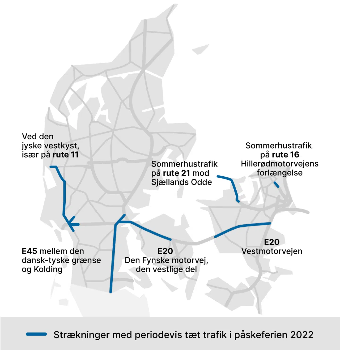 Disse strækninger forventer Vejdirektoratet, at der vil være periodevis tæt trafik på i påskeferien.