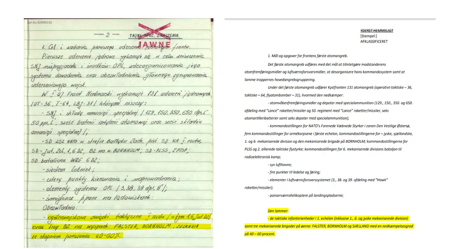 Til venstre den oprindelige 1989-angrebsplan. Til højre en dansk oversættelse.