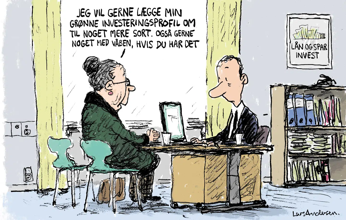 Pensionsbranchen er klar til at investere milliarder i dansk forsvar og energiforsyningssikkerhed. Tegning: Lars Andersen