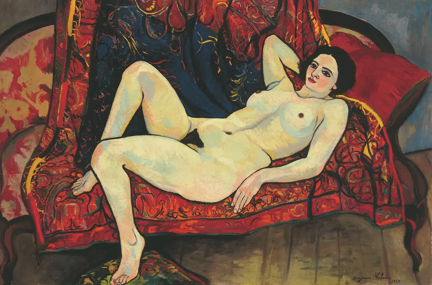 Et meget dristigt billede på en måde og et tidligt, næsten abstrakt stykke flademaleri på en anden. Suzanne Valadons nøgenstudier er tvetydige i anden potens.Suzanne Valadon, Nøgenfigur på en rød sofa, 1920. Olie på lærred.