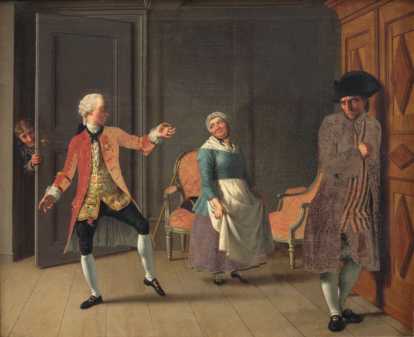 Scene fra Holbergs komedie Jean de France. I komedien gør Holberg grin med københavnerne og deres forkærlighed for alt fransk. Maleri af C.W. Eckersberg, 1812. Illustration fra bogen.