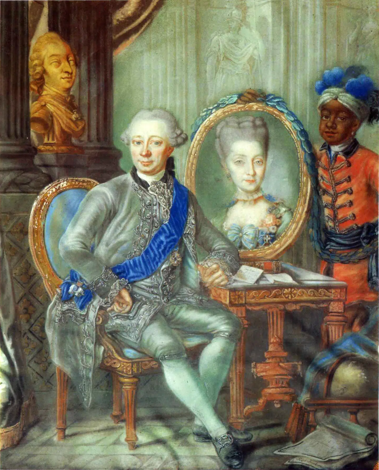 Heinrich Carl Schimmelmann (1724-1782) blev malet i 1773. Han var en af Europas rigste mænd og involveret i slavehandel. Her sidder han mellem et billede af hustruen Caroline (1730-1795) og en buste af Christian 7 (1749-1808). Og til venstre står en sort tjenerdreng, formodentlig hentet fra en af Schimmelmanns plantager. Da man i 2006 rejste en buste af ham i Wandsbek, en tidligere dansk by, hvor han havde haft et gods, blev der voldsomme protester. Busten blev fjernet i 2008. Illustration fra bogen.