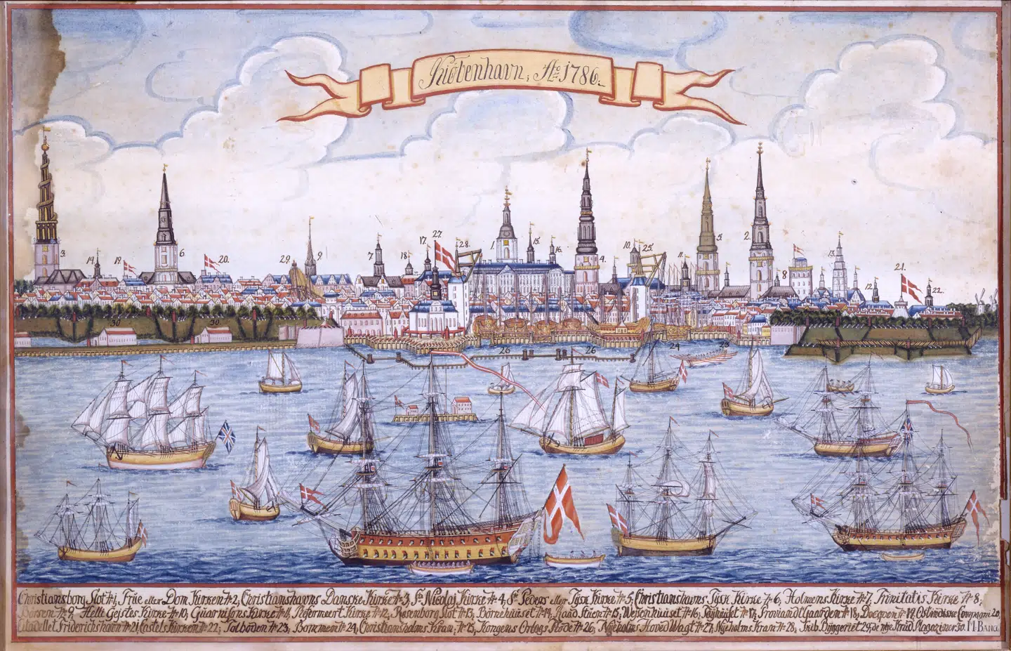 København malet i 1786. Det var den såkaldte florissante periode, hvor dansk handel blomstrede, hvilket man kan se af de mange skibe. Mange af skibene sejlede på oversøiske destinationer, men kun en lille del sejlede slavegjorte til Dansk Vestindien, og denne slavehandel gav ikke overskud.