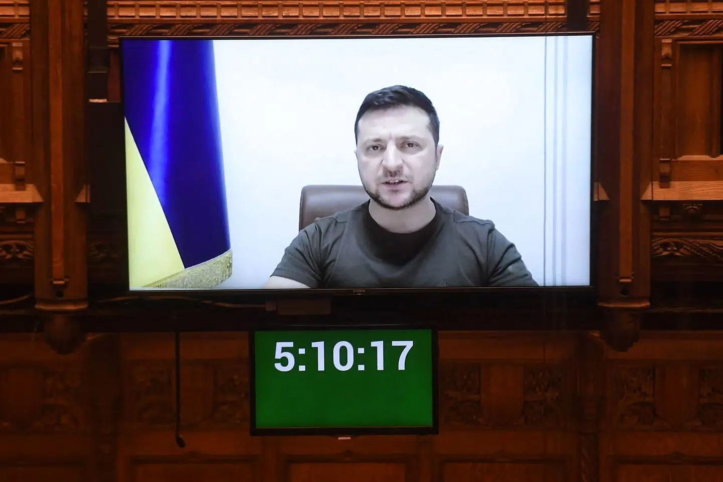 Ukraines præsident, Volodymyr Zelenskyj, taler til det britiske parlament via en videoforbindelse 8. marts.