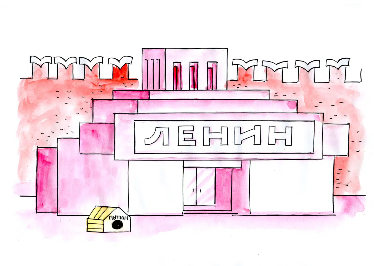 Lenins mausolæum på Den Røde Plads i Moskva har fået selskab af et hundehus med navnet »Putin« i Oleg Gutsols tegning.