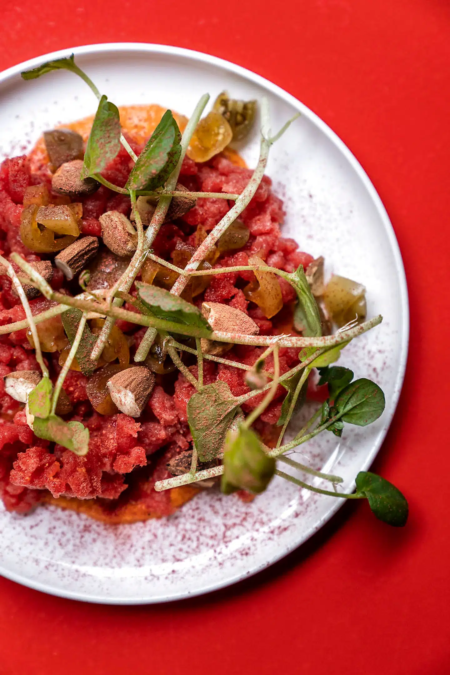 Restaurant Theo. Skindergade 29, 1159 Kbh K. Theos signatur tatar på rå okse fra Grambogård med piment D'Espelette og brøndkarse.