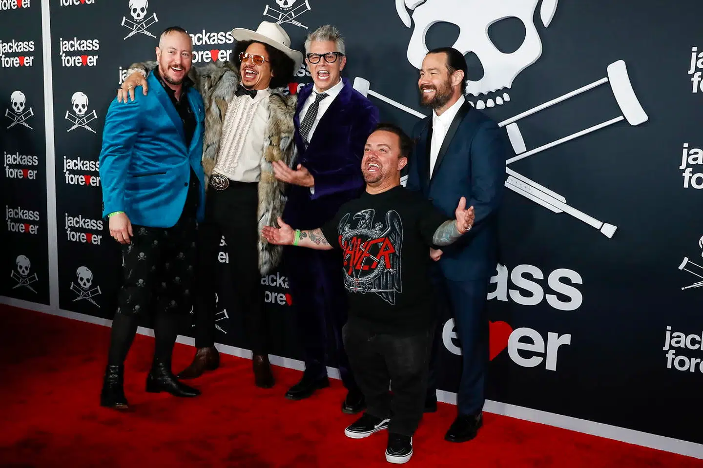 Fra venstre: Ehren McGhehey, Eric Andre, Johnny Knoxville, Jason »Wee Man« Acuna og Chris Pontius, som alle medvirker i »Jackass: Forever«.