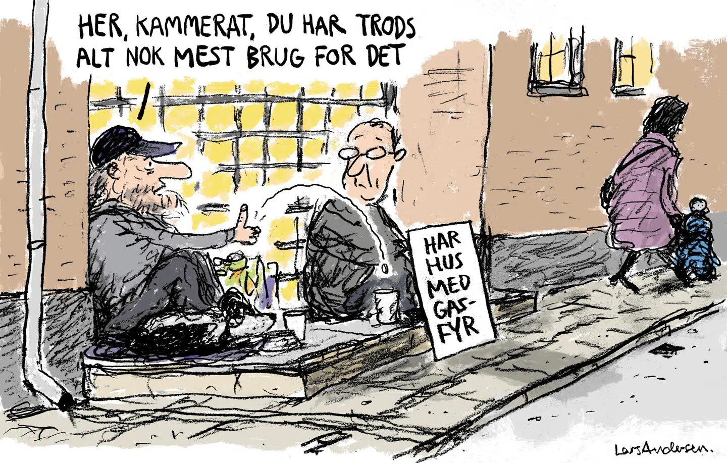 Danskere, der er ramt af høje varmepriser, skal måske have en hånd.Tegning: Lars Andersen