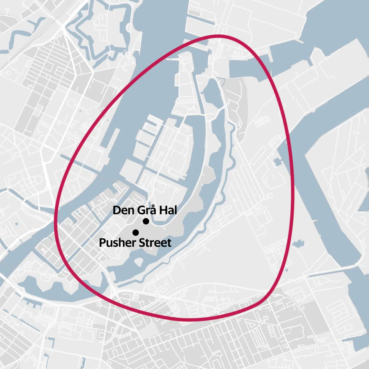 Anklagemyndigheden går efter opholdsforbud til de tre christianitter i området vist på kortet, ifølge anklageskriftet afgrænset af:»Overgaden Oven Vandet – Bodenhoffs Plads – Prinsessegade (stykket mellem Bodenhoffs Plads og Refshalevej) – Refshalevej – Forlandet – Norddyssen – Midtdyssen – Syddyssen – Kløvermarksvej – Vermlandsgade – Christmas Møllers Plads – Torvegade.«