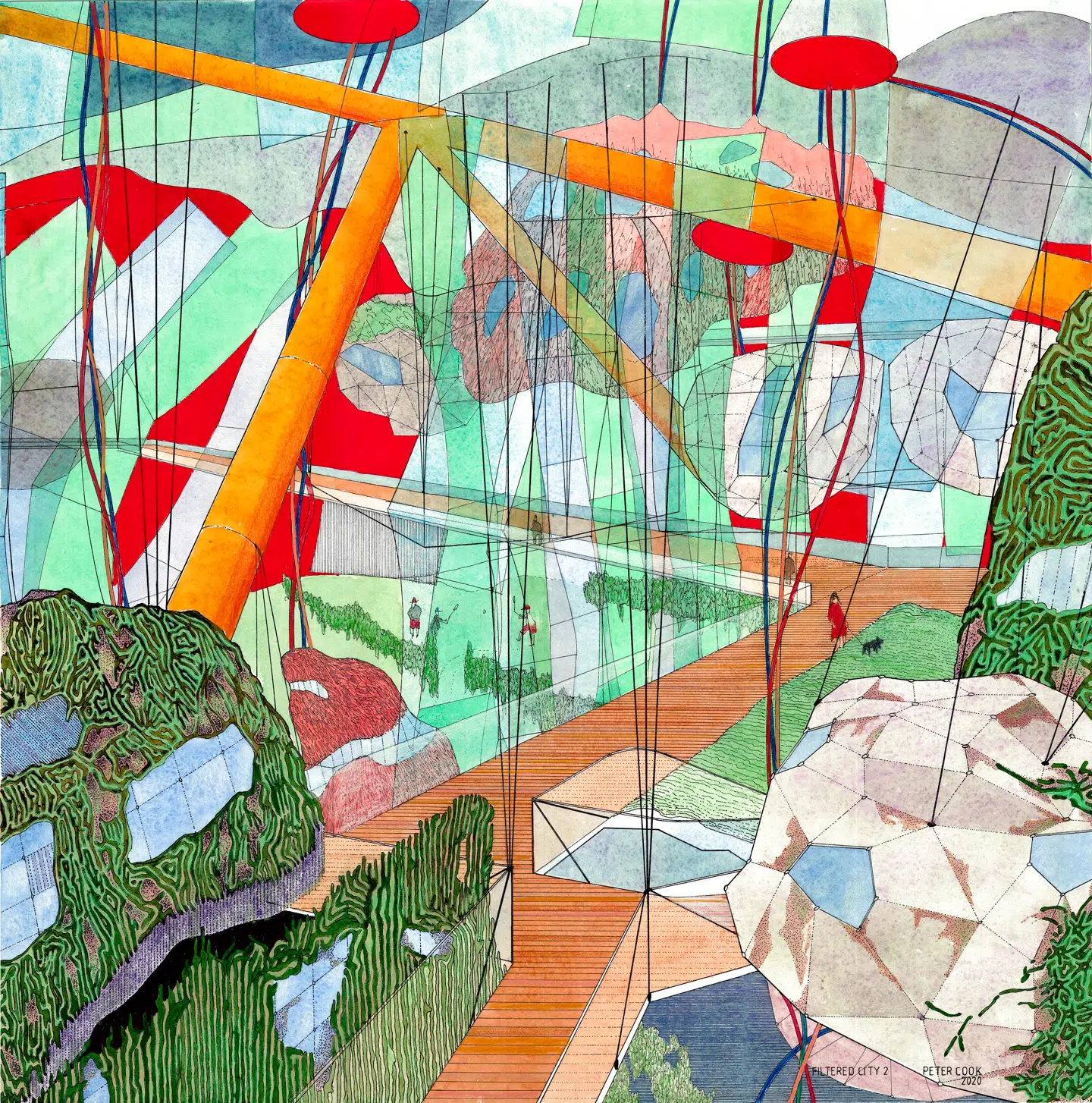 I sine senere projekter har Cook bevæget sig indenfor i sine strukturer. Måske fordi han er begyndt at få sine bygninger opført.Peter Cook, Filter City, 2020, Original on paper, 50 x 50 cm