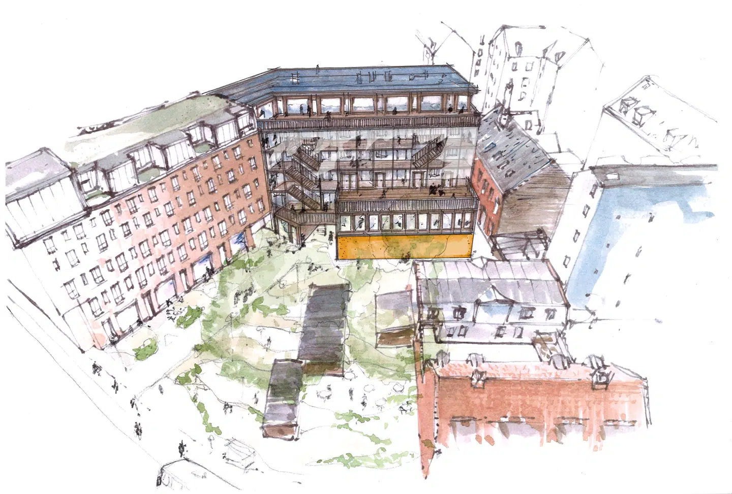 I forslaget er der sat en transparent skal uden på bygningen – og trapper, så man kan gå direkte ud på pladsen.