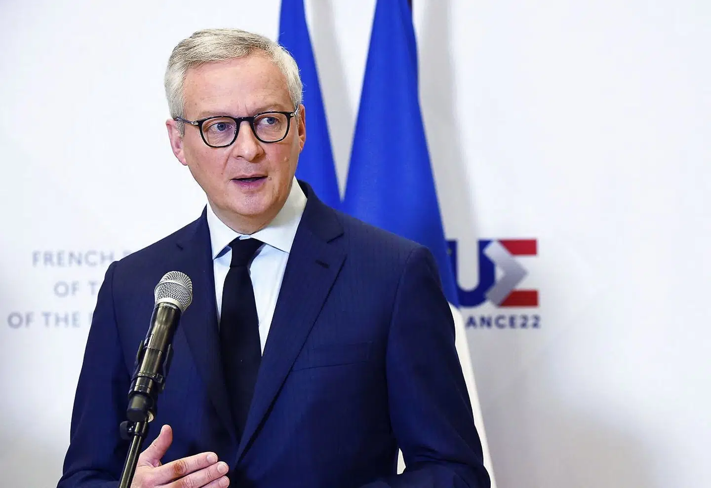 French Finance and Economy Minister Bruno Le Maire speaks during a press conference with the European Commission Executive Vice-President and European Commissioner for Trade following their meeting as part of the French presidency of the Council of the European Union, at the French Economy Ministry in Paris on January 10, 2022. (Photo by Eric PIERMONT / AFP)