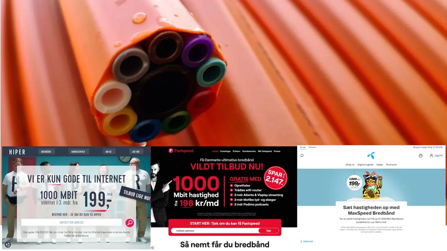 Mange danskere kan lige nu få en ekstra billig internetforbindelse, efter at der er brudt en priskrig ud mellem de mest aggressive spillere – Telenor, Fastspeed og Hiper – som i en kortere periode sælger lynhurtige abonnementer for 198-199 kroner om måneden. Collage: Berlingske